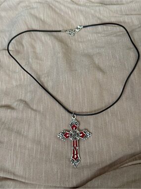 Red Enamel Cross Pendant Necklace with Black Cord